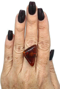 Amber Ring, size 9.5, Sterling Silver, Adjustable, Triangle Shaped - GemzAustralia 