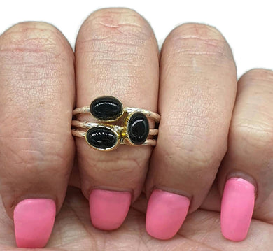 Two tone Black Onyx Ring, Size 8.25, Sterling Silver, 18K Gold Plated - GemzAustralia 