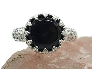 Black Onyx Crown Ring, Size 8, Sterling Silver, Heart Design - GemzAustralia 