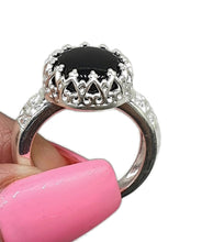 Load image into Gallery viewer, Black Onyx Crown Ring, Size 8, Sterling Silver, Heart Design - GemzAustralia 