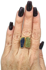 Rough Kyanite and Peridot Ring, Size 9, 14K gold plated, Sterling Silver - GemzAustralia 