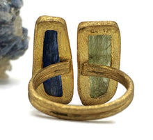 Load image into Gallery viewer, Rough Kyanite and Peridot Ring, Size 9, 14K gold plated, Sterling Silver - GemzAustralia 