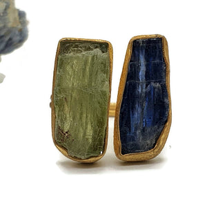 Rough Kyanite and Peridot Ring, Size 9, 14K gold plated, Sterling Silver - GemzAustralia 