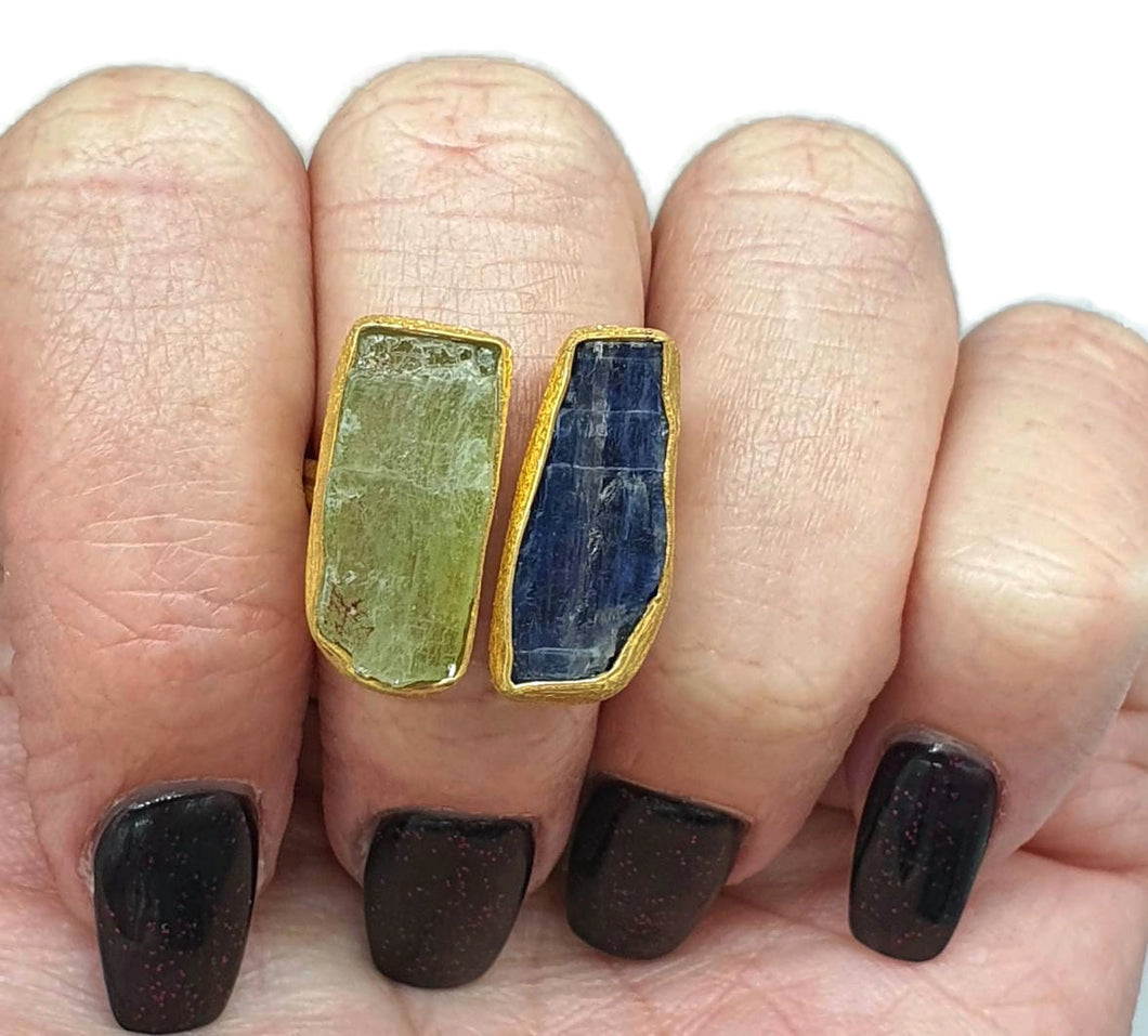 Rough Kyanite and Peridot Ring, Size 9, 14K gold plated, Sterling Silver - GemzAustralia 