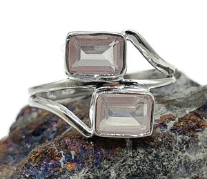 Art Deco Rose Quartz Ring, Size 9, Sterling Silver, Emerald Faceted - GemzAustralia 
