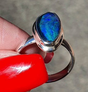 Australian Opal Ring, Sterling Silver, Size 8.75, Green & Blue Opal - GemzAustralia 