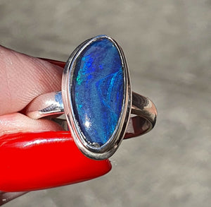 Australian Opal Ring, Sterling Silver, Size 8.75, Green & Blue Opal - GemzAustralia 