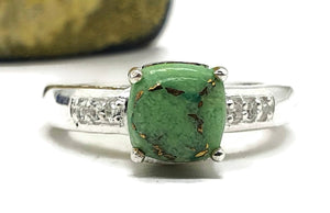 Green Mojave Turquoise & Zircon Ring, Size 8, Sterling Silver - GemzAustralia 