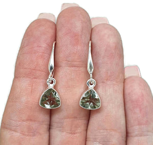 Green Amethyst Earrings, Trillion Facet, Prasiolite Gemstone, Sterling Silver - GemzAustralia 