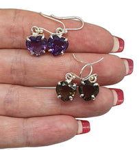 Load image into Gallery viewer, Amethyst or Smoky Quartz Heart Earrings, Sterling Silver, 4.5 carats - GemzAustralia 