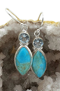 Turquoise & Blue Topaz Earrings, Sterling Silver, Round and Marquise Shapes - GemzAustralia 