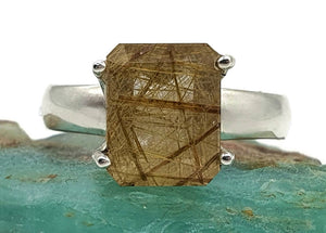 Golden Rutilated Quartz Ring, Size 7, Sterling Silver, Emerald Faceted - GemzAustralia 