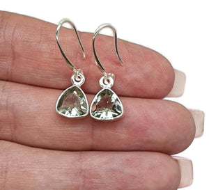 Green Amethyst Earrings, Trillion Facet, Prasiolite Gemstone, Sterling Silver - GemzAustralia 