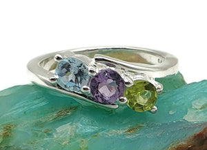 Blue Topaz, Amethyst & Peridot Ring, Size 5.75, Sterling Silver, Birthstone Ring - GemzAustralia 