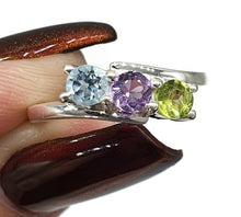 Load image into Gallery viewer, Blue Topaz, Amethyst &amp; Peridot Ring, Size 5.75, Sterling Silver, Birthstone Ring - GemzAustralia 