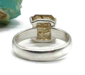 Golden Rutilated Quartz Ring, Size 7, Sterling Silver, Emerald Faceted - GemzAustralia 