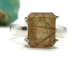 Golden Rutilated Quartz Ring, Size 7, Sterling Silver, Emerald Faceted - GemzAustralia 