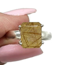 Load image into Gallery viewer, Golden Rutilated Quartz Ring, Size 7, Sterling Silver, Emerald Faceted - GemzAustralia 