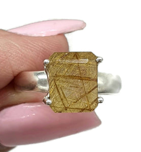 Golden Rutilated Quartz Ring, Size 7, Sterling Silver, Emerald Faceted - GemzAustralia 