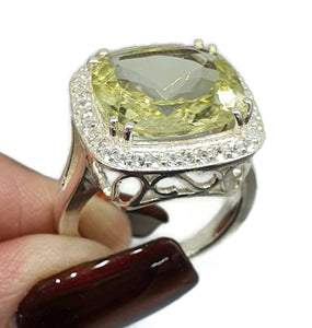 Lemon Quartz Halo Ring, Sterling Silver, Size 8.5, Square Shaped, Cushion Faceted - GemzAustralia 