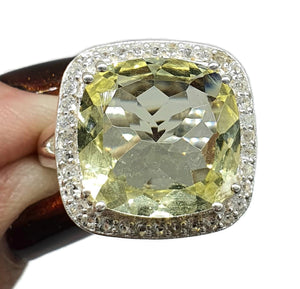 Lemon Quartz Halo Ring, Sterling Silver, Size 8.5, Square Shaped, Cushion Faceted - GemzAustralia 