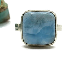 Larimar Ring, Size 8, Square Shaped, Dolphin Stone, Sterling Silver, Hammered Band - GemzAustralia 