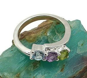 Blue Topaz, Amethyst & Peridot Ring, Size 5.75, Sterling Silver, Birthstone Ring - GemzAustralia 