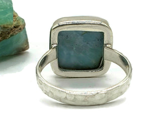 Larimar Ring, Size 8, Square Shaped, Dolphin Stone, Sterling Silver, Hammered Band - GemzAustralia 