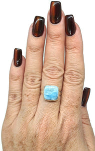 Larimar Ring, Size 8, Square Shaped, Dolphin Stone, Sterling Silver, Hammered Band - GemzAustralia 