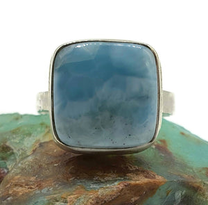 Larimar Ring, Size 8, Square Shaped, Dolphin Stone, Sterling Silver, Hammered Band - GemzAustralia 