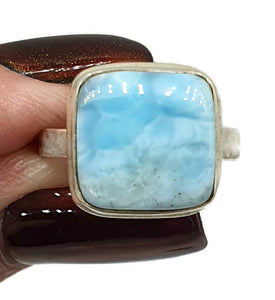 Larimar Ring, Size 8, Square Shaped, Dolphin Stone, Sterling Silver, Hammered Band - GemzAustralia 