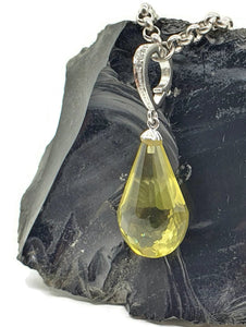 Lemon Quartz Pendant, Beautiful Statement Piece, Sterling Silver, Briolette Faceted - GemzAustralia 