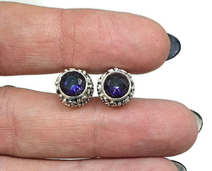 Mystic Topaz Studs, Sterling Silver, Ornate Design, Round Shaped - GemzAustralia 