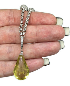 Lemon Quartz Pendant, Beautiful Statement Piece, Sterling Silver, Briolette Faceted - GemzAustralia 