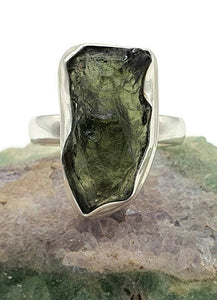 Rough Moldavite Ring, Size 7.5, Sterling Silver, Tektite, Meteorite Stone - GemzAustralia 