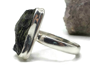 Rough Moldavite Ring, Size 7.5, Sterling Silver, Tektite, Meteorite Stone - GemzAustralia 