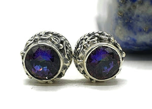 Mystic Topaz Studs, Sterling Silver, Ornate Design, Round Shaped - GemzAustralia 