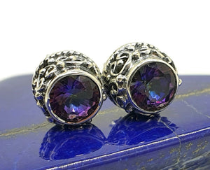 Mystic Topaz Studs, Sterling Silver, Ornate Design, Round Shaped - GemzAustralia 