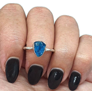 Neon Blue Apatite Ring, Size 8, Sterling Silver, Raw Gemstone Ring, Rough Blue Apatite - GemzAustralia 
