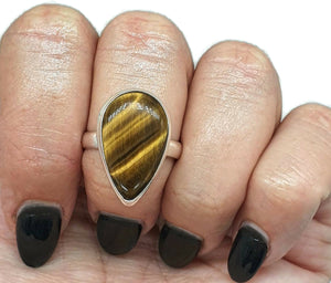 Tiger's Eye Ring, Size 9, Sterling Silver, Pear Shaped, Kundalini Awakening - GemzAustralia 