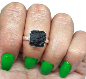 Black Tektite Ring, Size 9, Sterling Silver, Meteorite Stone, Square Shaped - GemzAustralia 