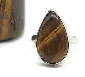 Tiger's Eye Ring, Size 9, Sterling Silver, Pear Shaped, Kundalini Awakening - GemzAustralia 