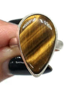 Tiger's Eye Ring, Size 9, Sterling Silver, Pear Shaped, Kundalini Awakening - GemzAustralia 