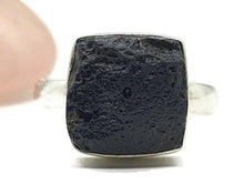 Load image into Gallery viewer, Black Tektite Ring, Size 9, Sterling Silver, Meteorite Stone, Square Shaped - GemzAustralia 