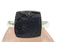 Load image into Gallery viewer, Black Tektite Ring, Size 9, Sterling Silver, Meteorite Stone, Square Shaped - GemzAustralia 