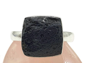 Black Tektite Ring, Size 9, Sterling Silver, Meteorite Stone, Square Shaped - GemzAustralia 