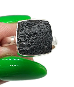 Black Tektite Ring, Size 9, Sterling Silver, Meteorite Stone, Square Shaped - GemzAustralia 