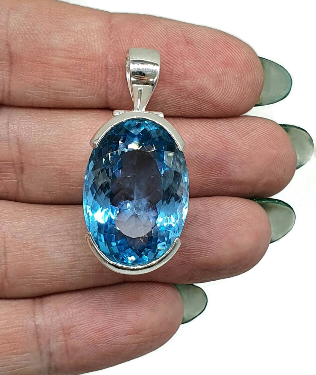 AAA+ Swiss Blue Topaz Pendant, 39 carats, Sterling Silver, Oval Faceted - GemzAustralia 