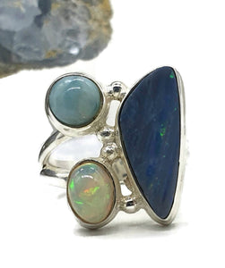 Australian Opal, Larimar & Ethiopian Opal Ring, Size 6, Sterling Silver, Aura Gem - GemzAustralia 