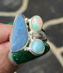 Australian Opal, Larimar & Ethiopian Opal Ring, Size 6, Sterling Silver, Aura Gem - GemzAustralia 